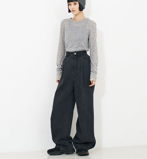 NOMINE「サイドライン タック ワイド ハイウエスト デニムパンツ」|デニム|