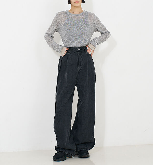 NOMINE「サイドライン タック ワイド ハイウエスト デニムパンツ」|デニム|