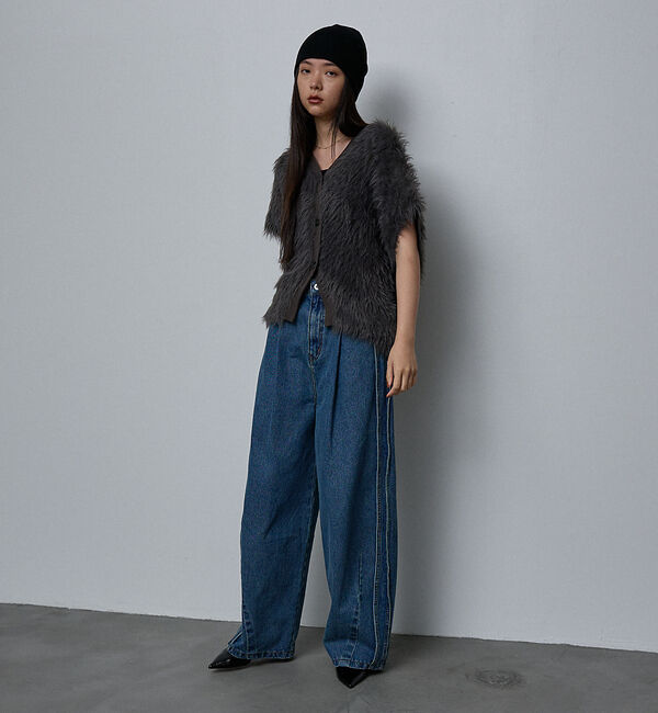 NOMINE「サイドライン タック ワイド ハイウエスト デニムパンツ」|デニム|