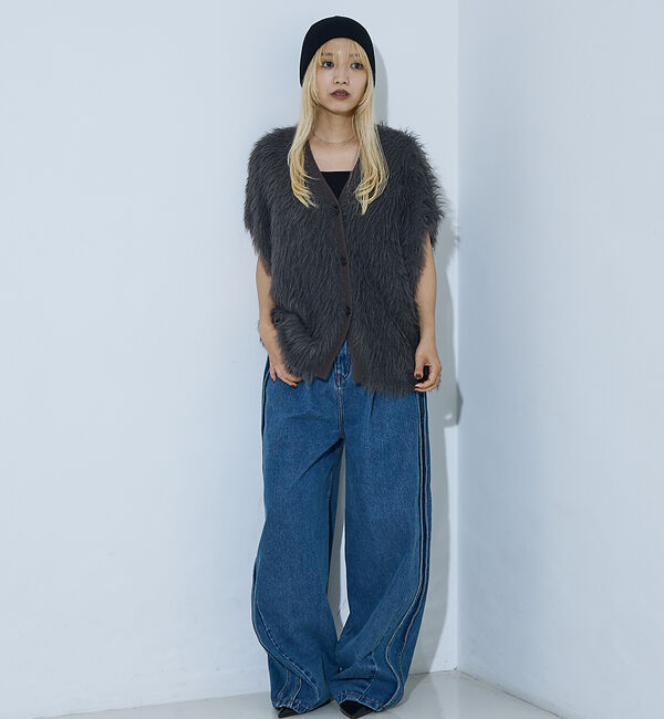 NOMINE「サイドライン タック ワイド ハイウエスト デニムパンツ」|デニム|