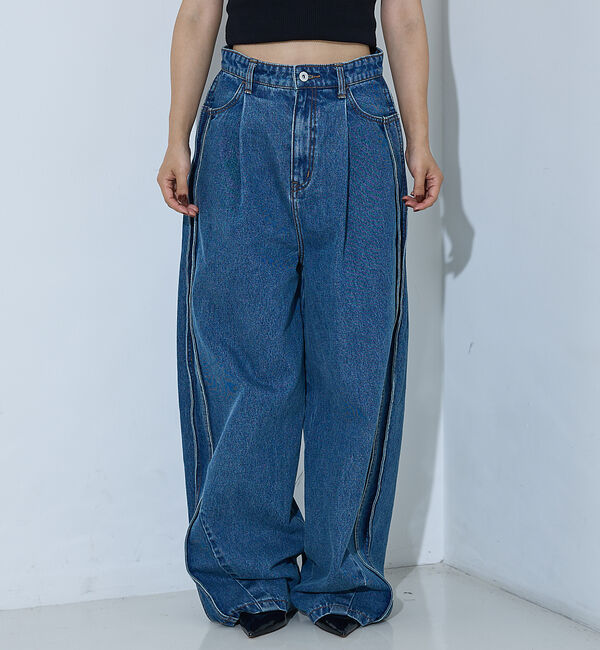 NOMINE「サイドライン タック ワイド ハイウエスト デニムパンツ」|デニム|