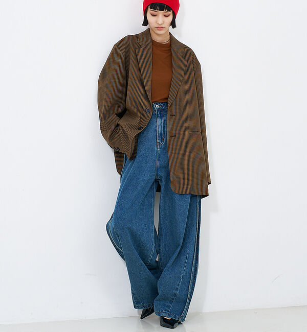 NOMINE「サイドライン タック ワイド ハイウエスト デニムパンツ」|デニム|