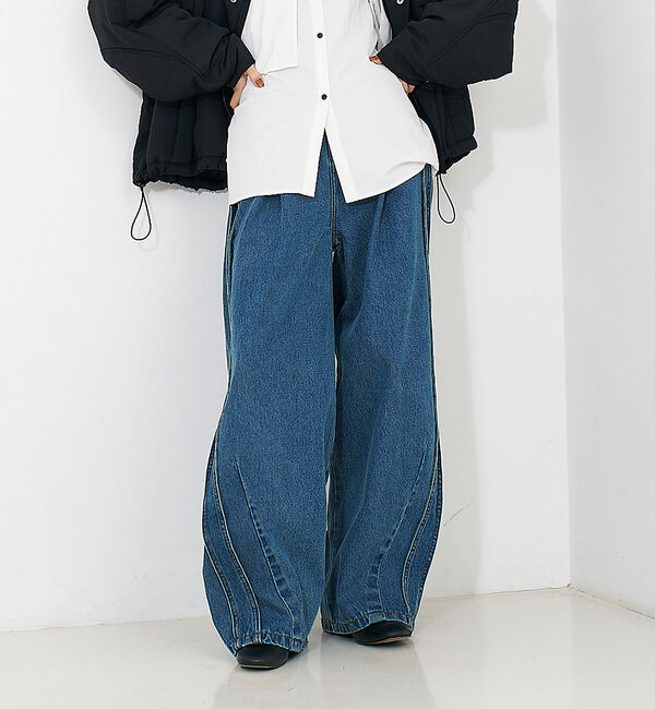 NOMINE「サイドライン タック ワイド ハイウエスト デニムパンツ」|デニム|