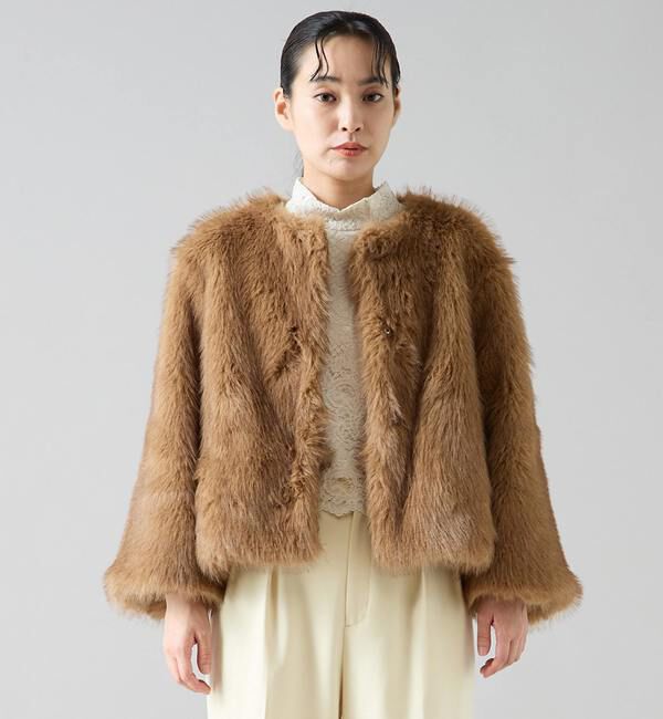TIARA「ノーカラーファーコート」|その他|キャメル
