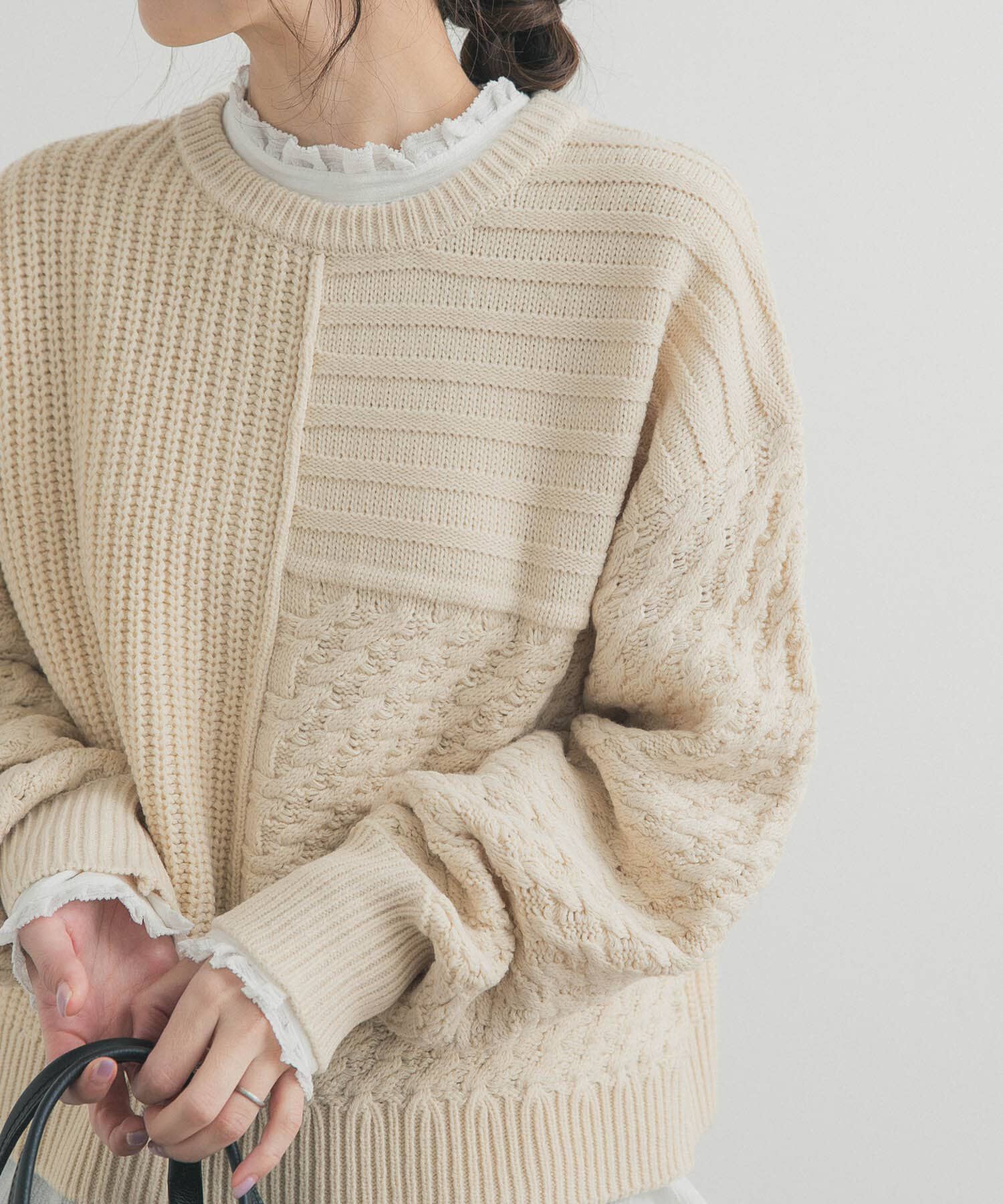 URBAN RESEARCH DOORS「パッチワーク柄袖ボリュームニット」|ニット・セーター|ライトベージュ