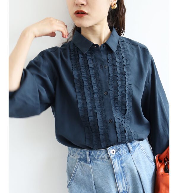  「フロントフリルレギュラーカラーブラウス」|シャツ・ブラウス|ネイビー