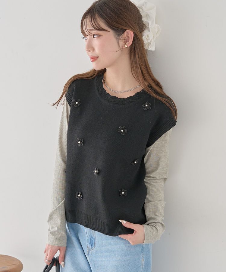 earth music&ecology「フラワーモチーフニットベスト」|ベスト・ジレ|