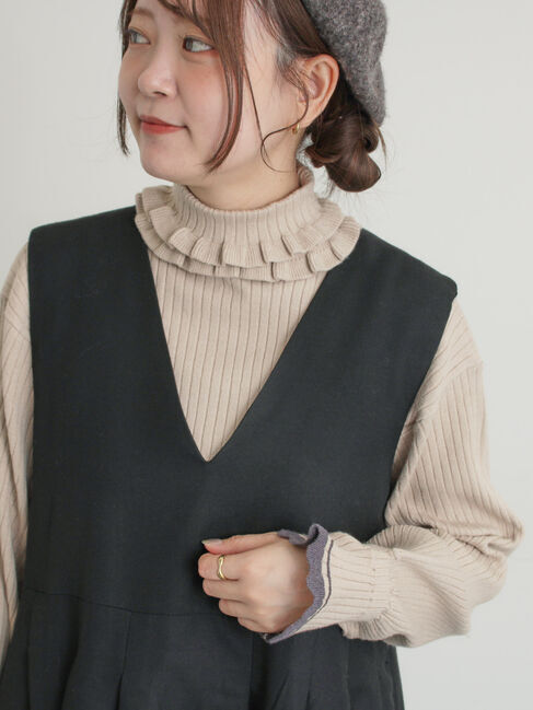 Samansa Mos2「袖口配色スカラップタートルニット」|ニット・セーター|ベージュ