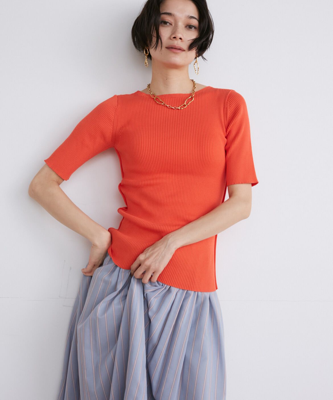 INED「《大きいサイズ》半袖リブニット」|ニット・セーター|