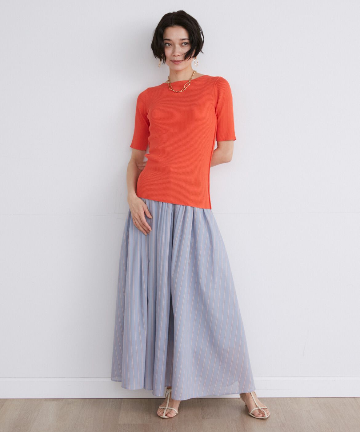 INED「《大きいサイズ》半袖リブニット」|ニット・セーター|