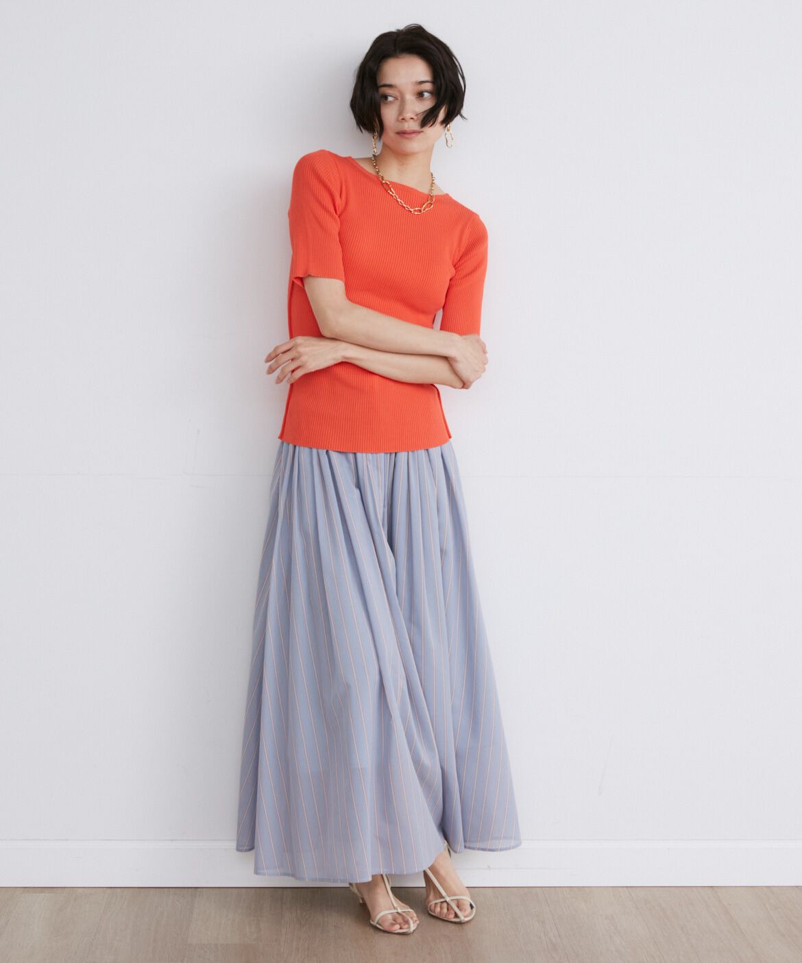 INED「《大きいサイズ》半袖リブニット」|ニット・セーター|