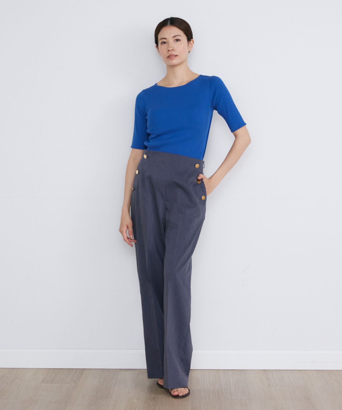 INED「《大きいサイズ》半袖リブニット」|ニット・セーター|