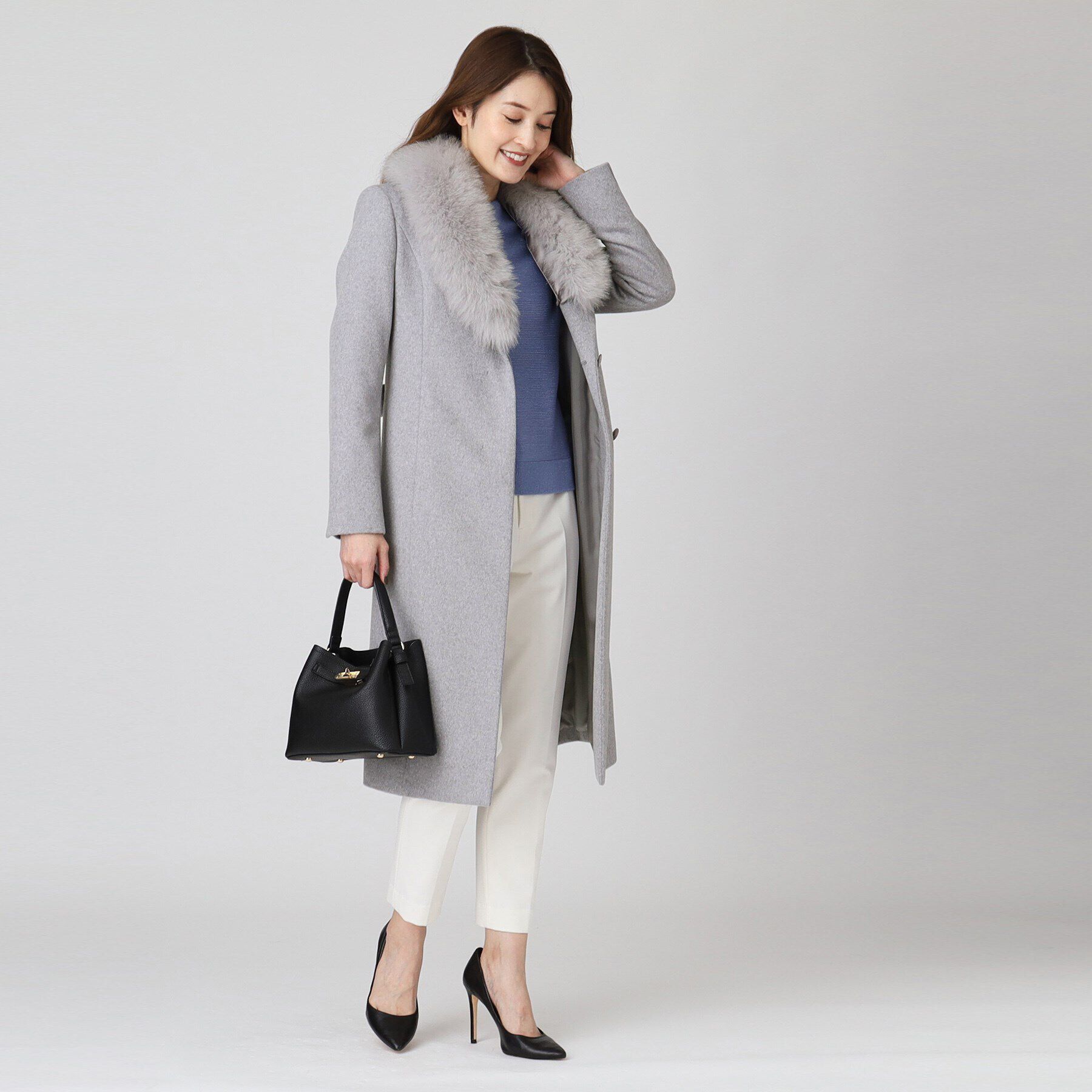 COUP DE CHANCE「【日本製／ブルーフォックスファー／カシミヤ混】ファー付ウールコート」|チェスターコート|