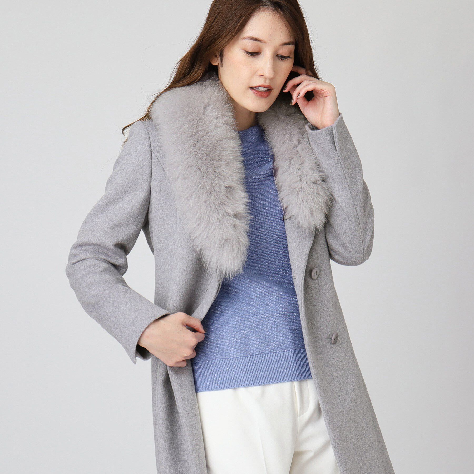 COUP DE CHANCE「【日本製／ブルーフォックスファー／カシミヤ混】ファー付ウールコート」|チェスターコート|