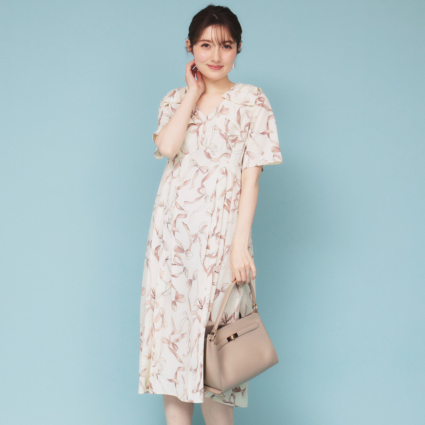 index「《美人百花掲載》リボン柄タックスリーブワンピース【洗濯機洗い可/イージーアイロン】」|ワンピース|