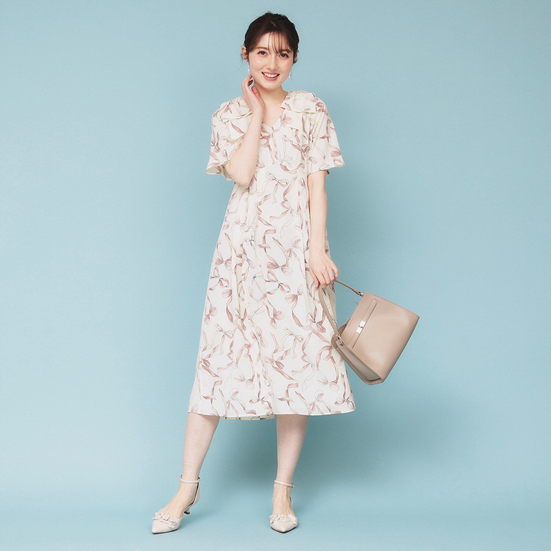 index「《美人百花掲載》リボン柄タックスリーブワンピース【洗濯機洗い可/イージーアイロン】」|ワンピース|