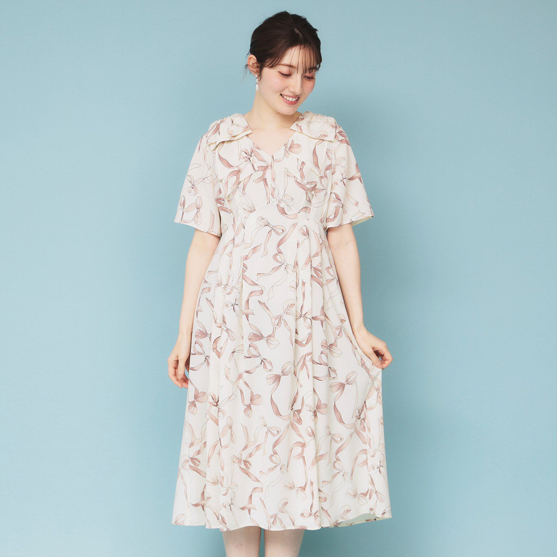 index「《美人百花掲載》リボン柄タックスリーブワンピース【洗濯機洗い可/イージーアイロン】」|ワンピース|