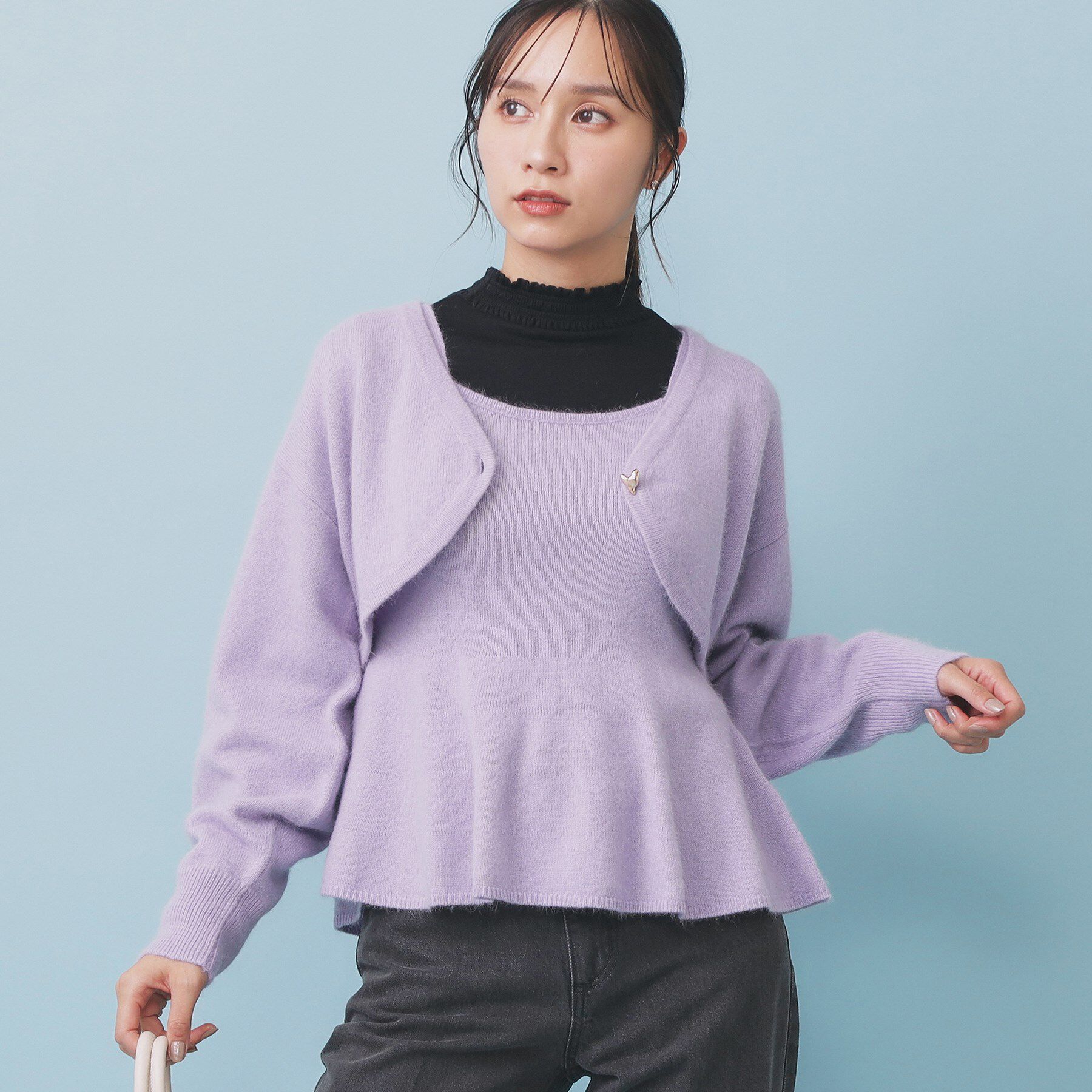 index「ハート釦ニットボレロ/アンサンブル対応【洗える】」|カーディガン|ラベンダー(080)
