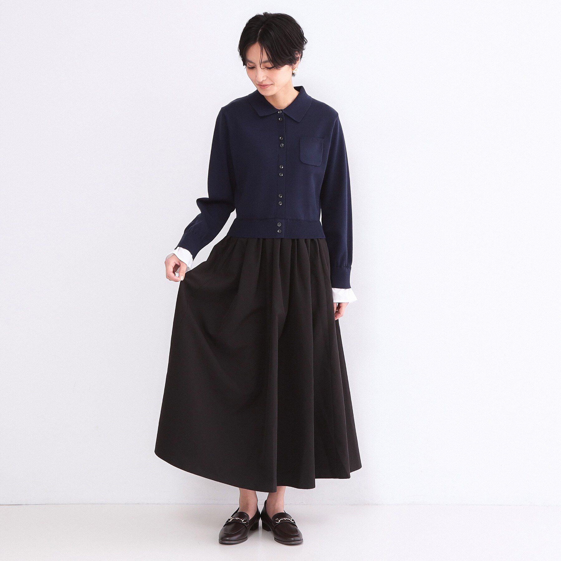 OPAQUE.CLIP「ポロ襟ニットドッキングフレアワンピース【洗濯機OK】」|ワンピース|