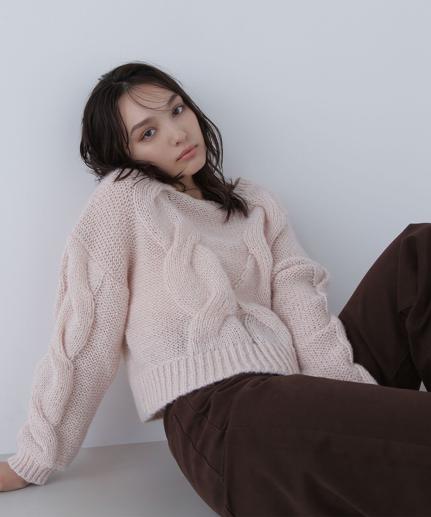  「クロップドビッグケーブルニット」|ニット・セーター|ペールピンク