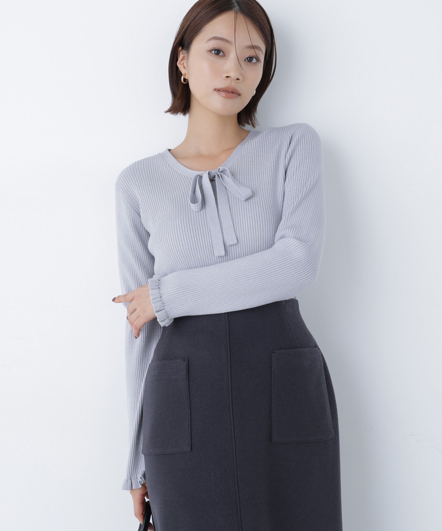  「ラメリブボウタイニット」|ニット・セーター|グレー