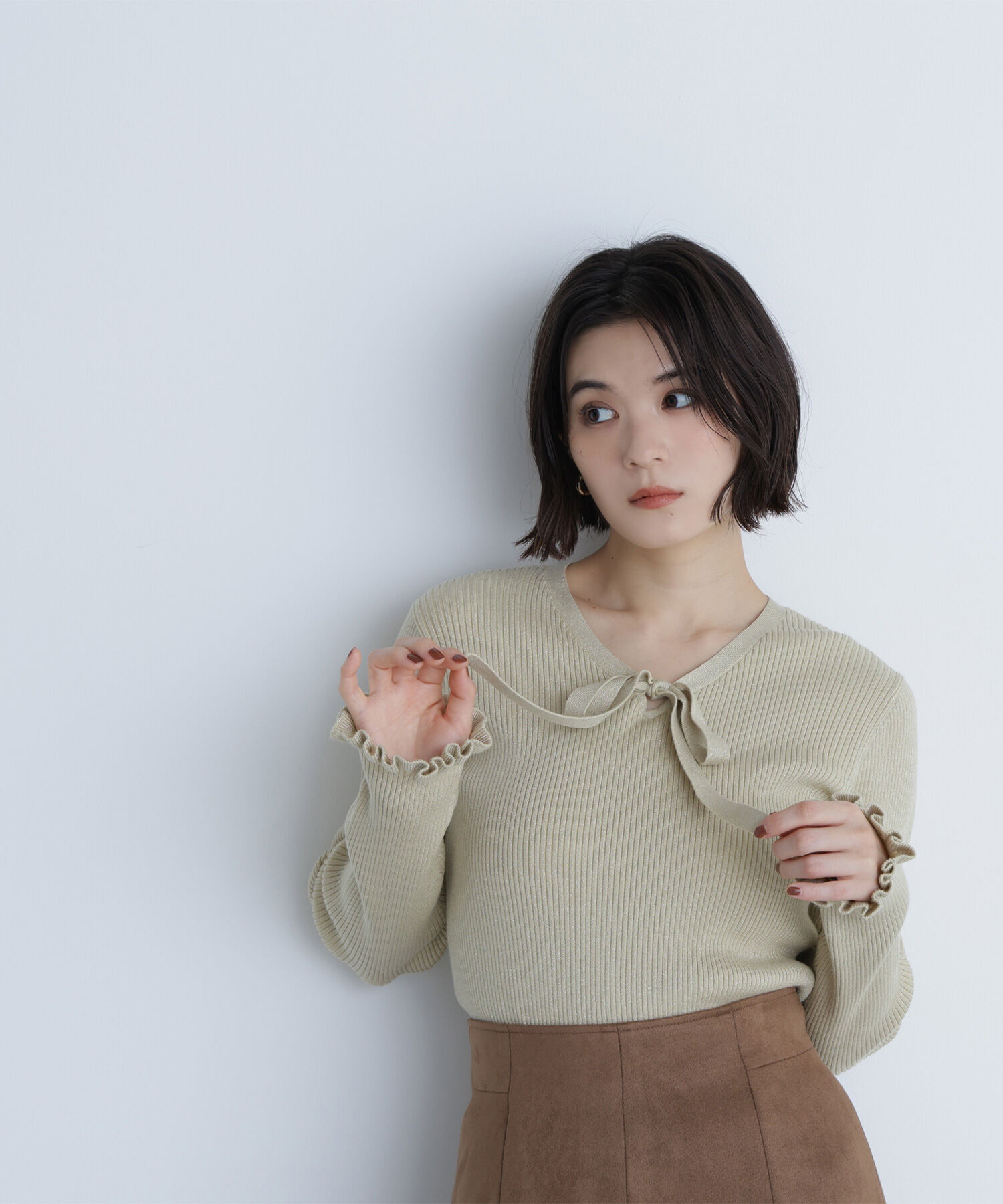  「ラメリブボウタイニット」|ニット・セーター|イエロー