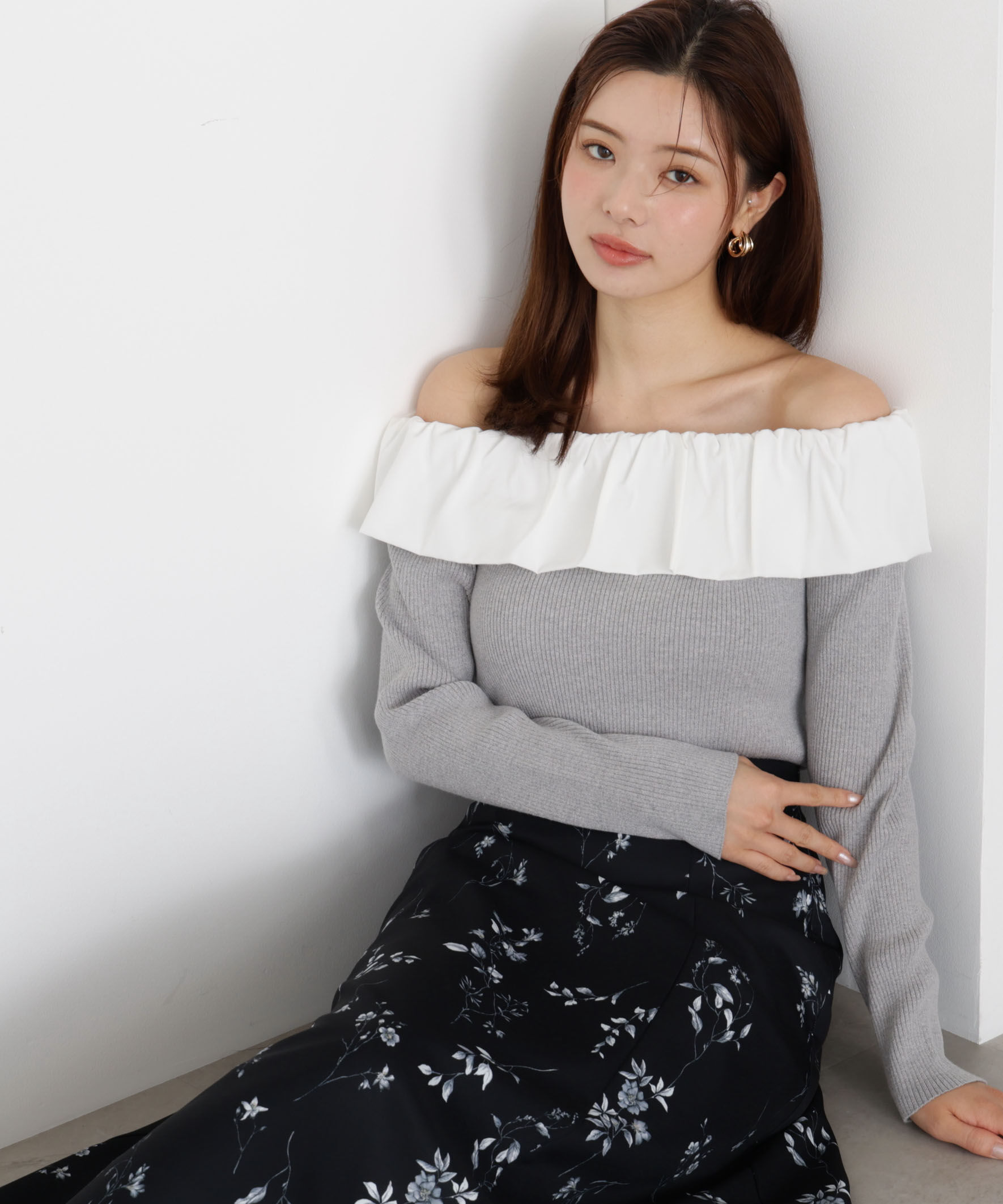 PROPORTION BODY DRESSING「フリルオフショル2wayニット 25AW」|ニット・セーター|グレー&times;ホワイ