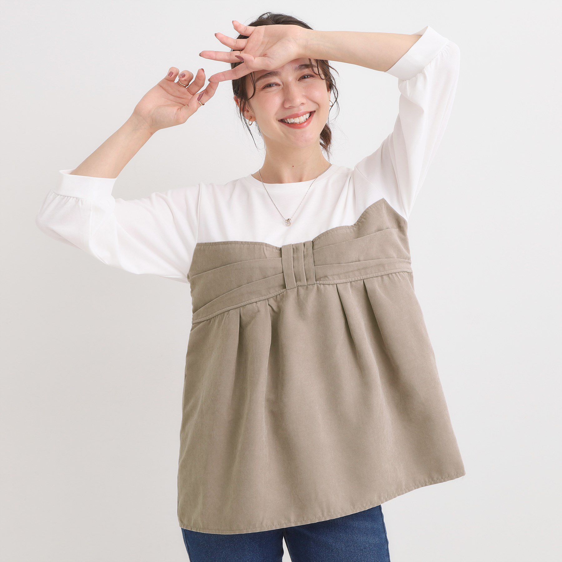 SHOO･LA･RUE「【S-LL】気になるウエストもさり気なくカバー リボン風ドッキングトップス」|Tシャツ・カットソー|