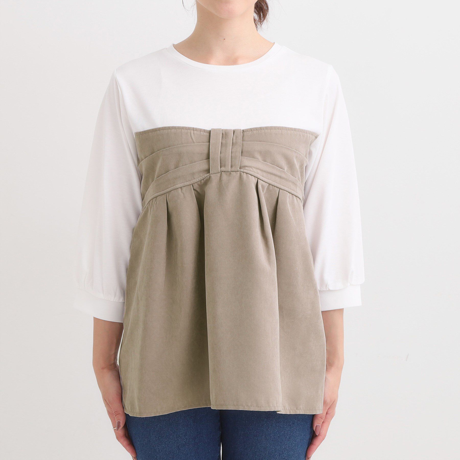 SHOO･LA･RUE「【S-LL】気になるウエストもさり気なくカバー リボン風ドッキングトップス」|Tシャツ・カットソー|