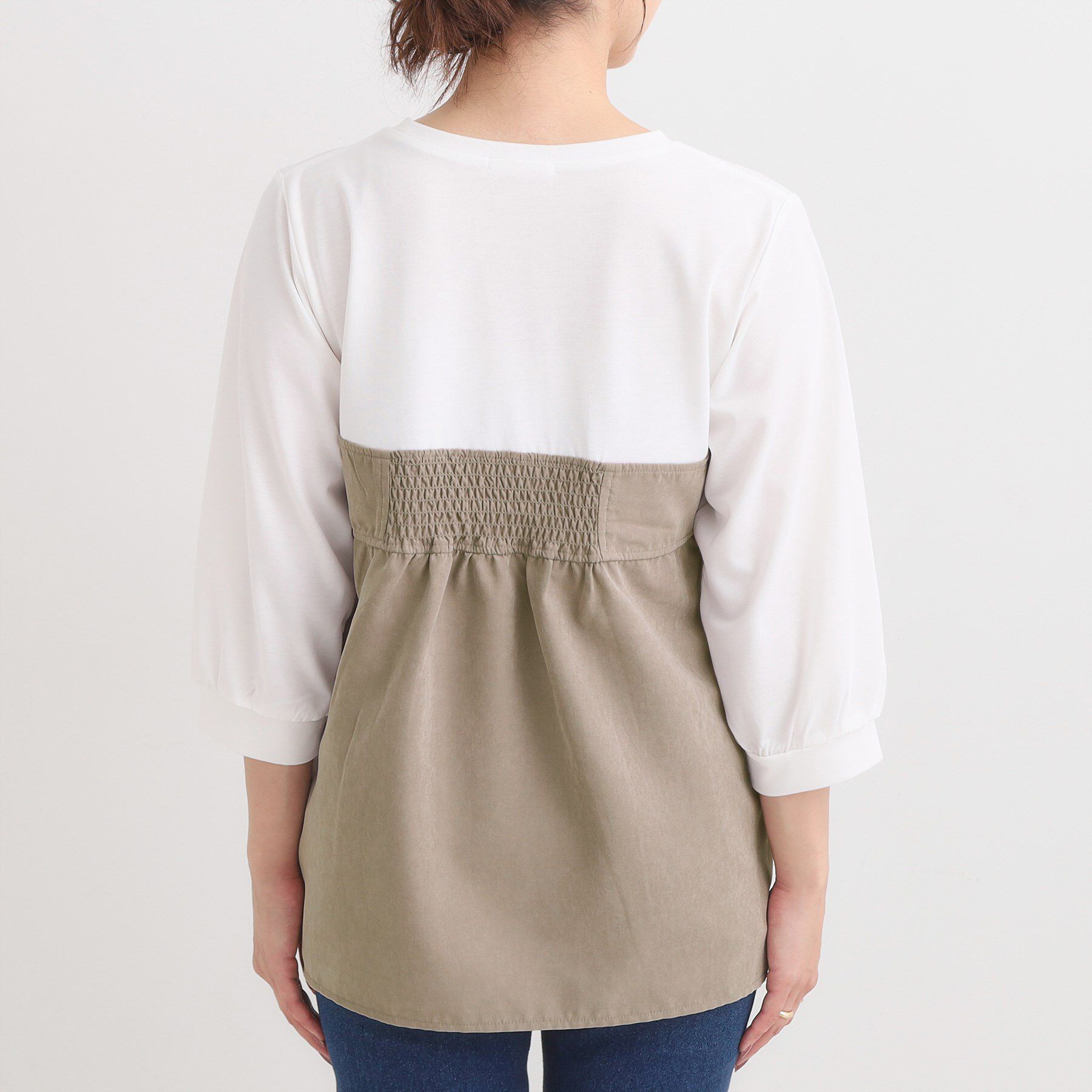 SHOO･LA･RUE「【S-LL】気になるウエストもさり気なくカバー リボン風ドッキングトップス」|Tシャツ・カットソー|