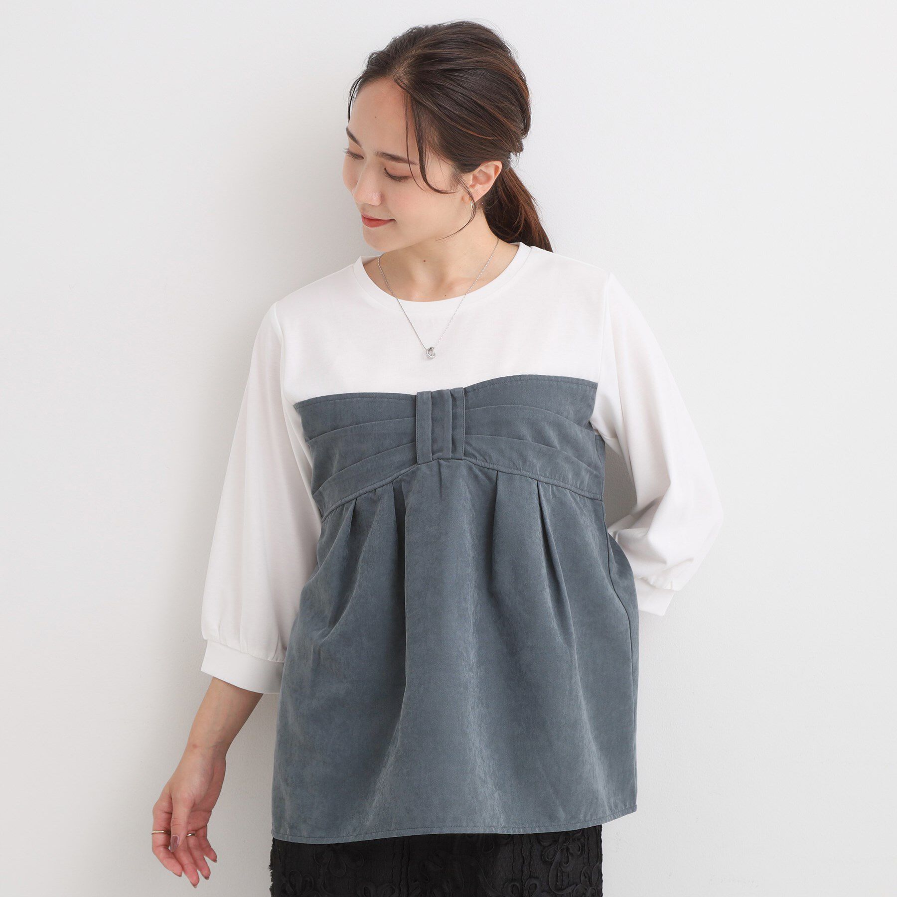 SHOO･LA･RUE「【S-LL】気になるウエストもさり気なくカバー リボン風ドッキングトップス」|Tシャツ・カットソー|