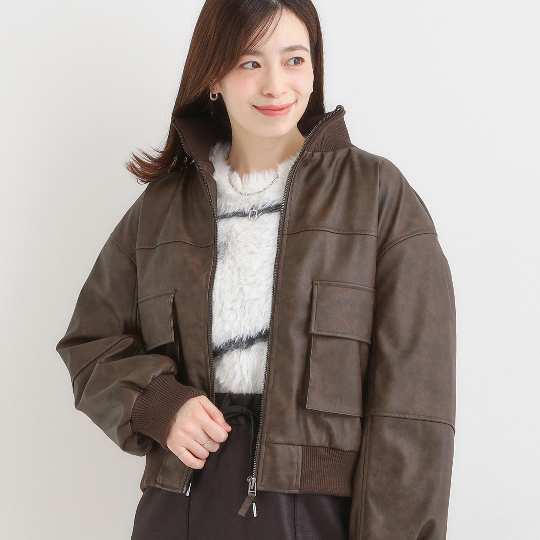 SHOO･LA･RUE「レザー調リブブルゾン」|ブルゾン・スタジャン|ブラウン(043)