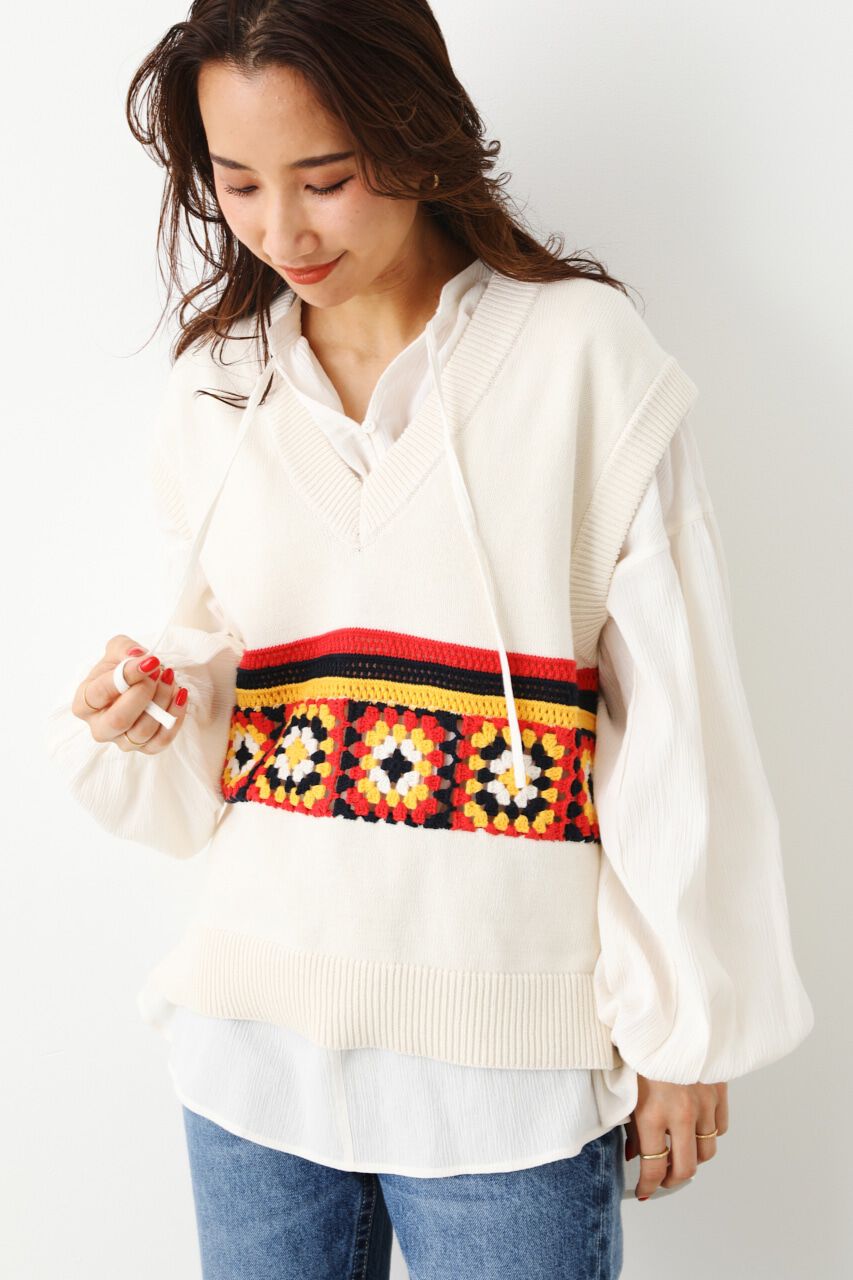 RODEO CROWNS「クロシェモチーフニットベスト」|ダウンベスト・ベスト|柄WHT5