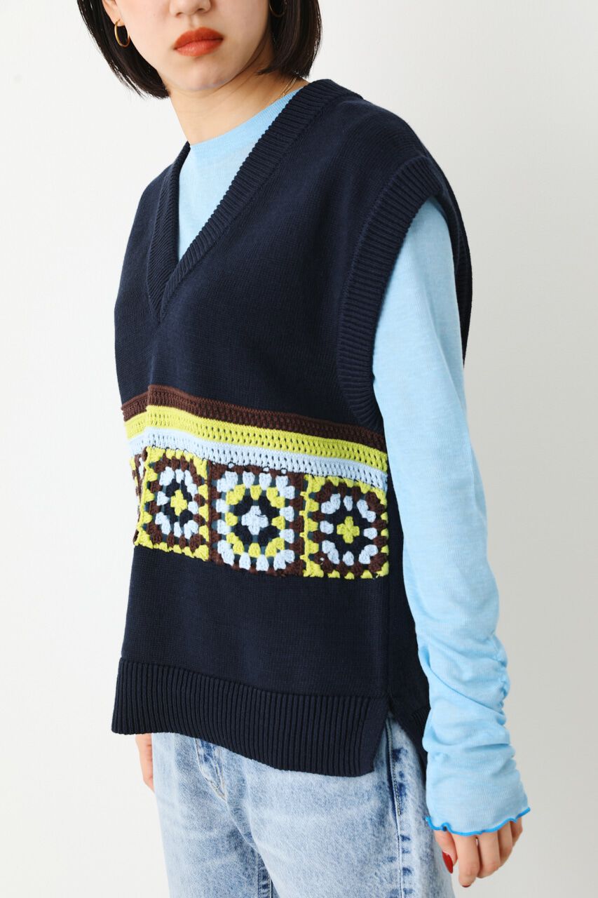 RODEO CROWNS「クロシェモチーフニットベスト」|ダウンベスト・ベスト|柄NVY5