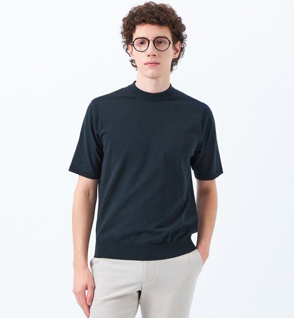 MACKINTOSH PHILOSOPHY「TEXBRIDプレーティング 半袖セミモックネックプルオーバーニット」|ニット・セーター|ネイビー