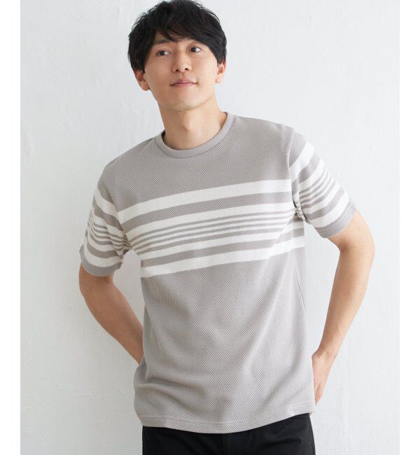 ikka「パイナップルパネルボーダーTシャツ」|Tシャツ・カットソー|グレイ