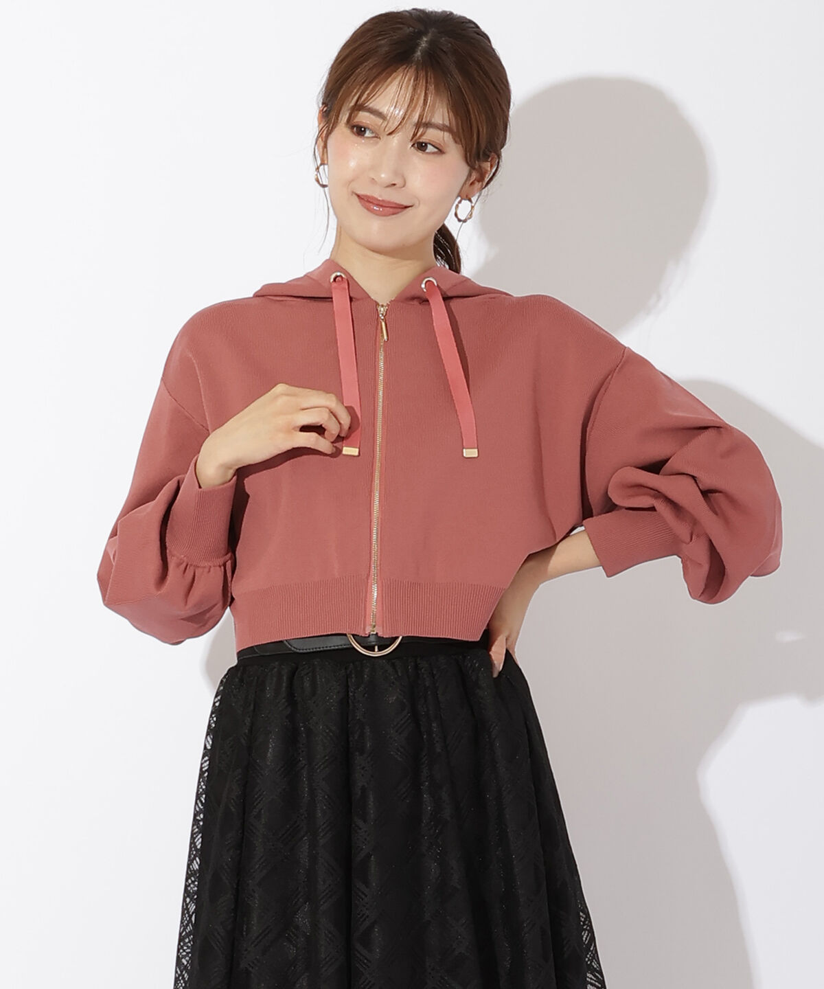 アンドクチュール「ニットクロップド丈ジップパーカー」|パーカー|オレンジ