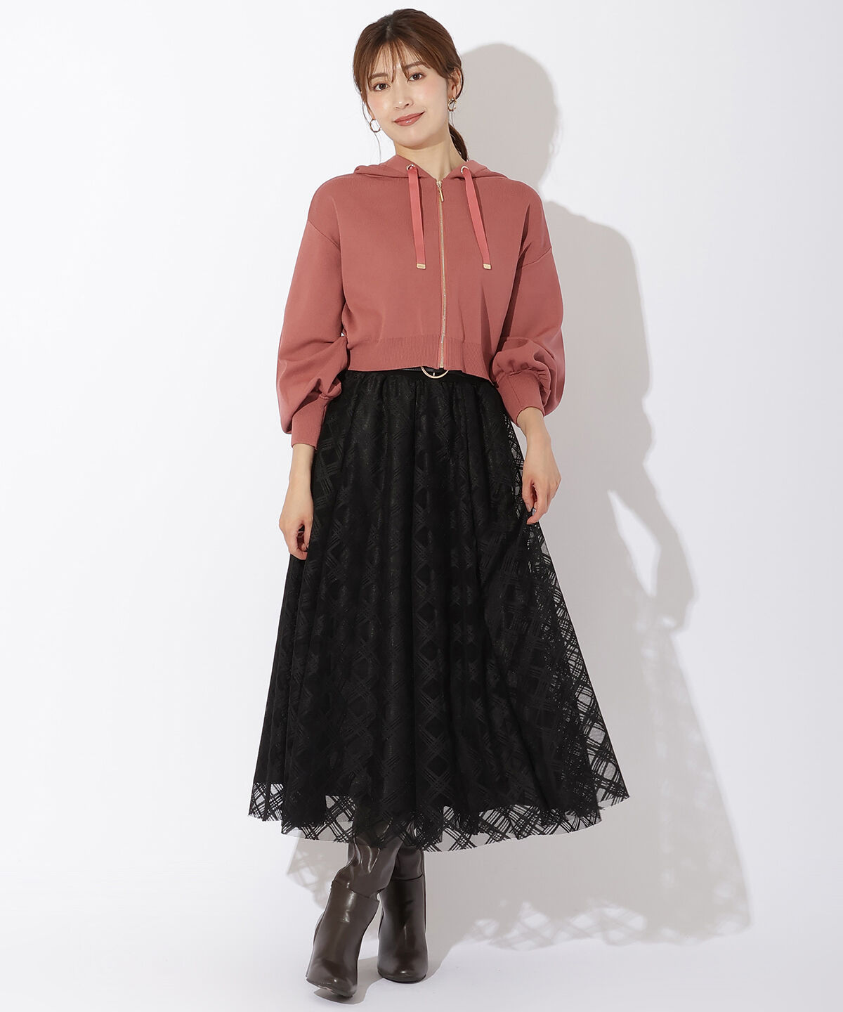 アンドクチュール「ニットクロップド丈ジップパーカー」|パーカー|