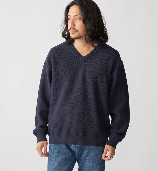 SHIPS「SHIPS:〈洗濯機可能〉SOLOTEX(R) コットン ピケ Vネック ニット」|ニット・セーター|ネイビー