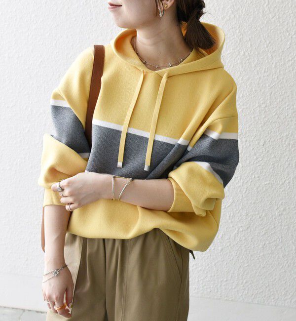 SHIPS any「SHIPS any:〈手洗い可能〉パネル ボーダー フーディー ニット プルオーバー」|パーカー|イエロー
