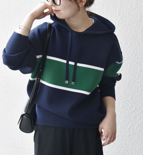 SHIPS any「SHIPS any:〈手洗い可能〉パネル ボーダー フーディー ニット プルオーバー」|パーカー|ネイビー