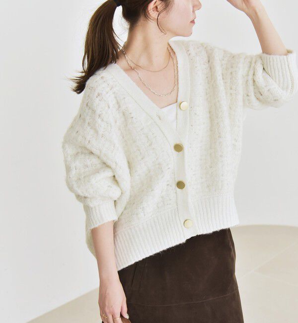 quaranciel「quaranciel: 透かし編み Vネック コンパクト ドルマンニットカーディガン」|カーディガン|