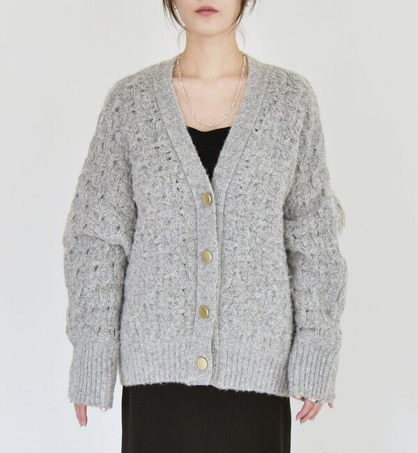 quaranciel「quaranciel: 透かし編み Vネック コンパクト ドルマンニットカーディガン」|カーディガン|