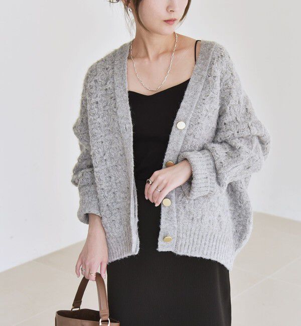 quaranciel「quaranciel: 透かし編み Vネック コンパクト ドルマンニットカーディガン」|カーディガン|
