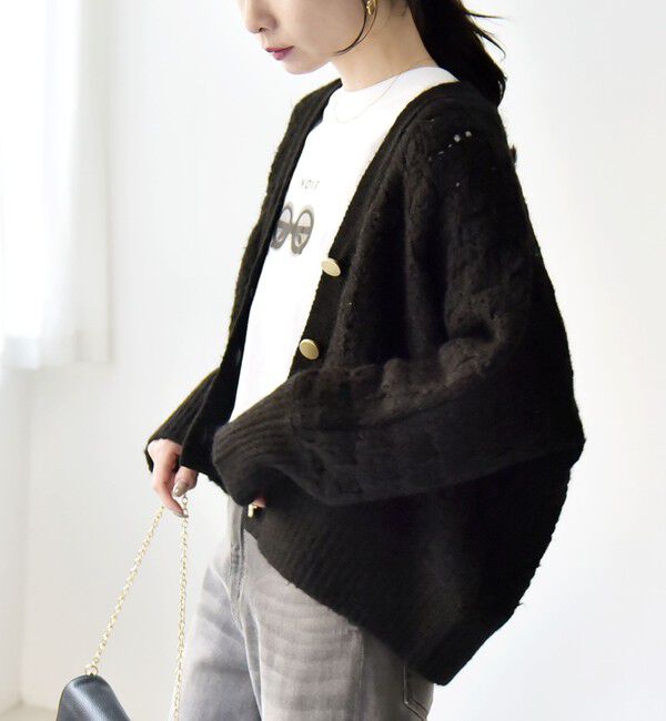 quaranciel「quaranciel: 透かし編み Vネック コンパクト ドルマンニットカーディガン」|カーディガン|