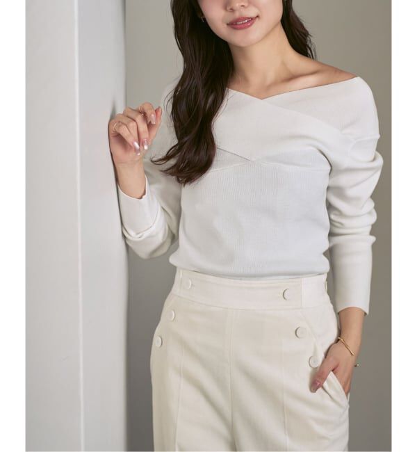 NOBLE「クロスリブオフショルダーニット」|ニット・セーター|ホワイト