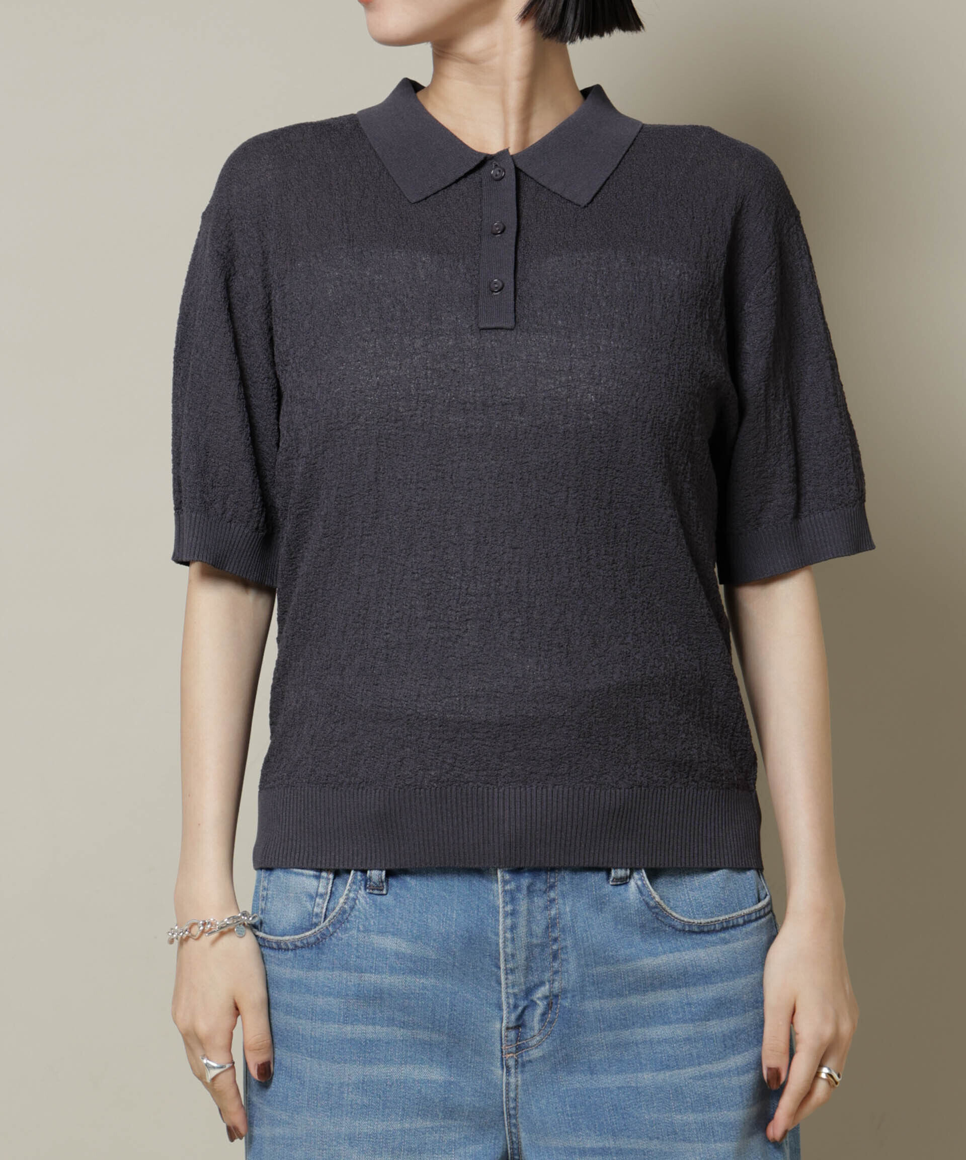 nano･universe「梨地半袖ポロニット」|ニット・セーター|