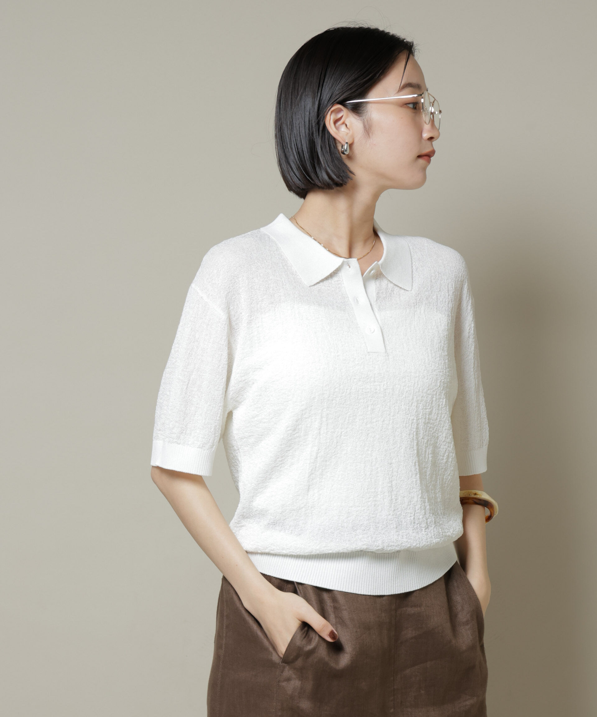 nano･universe「梨地半袖ポロニット」|ニット・セーター|