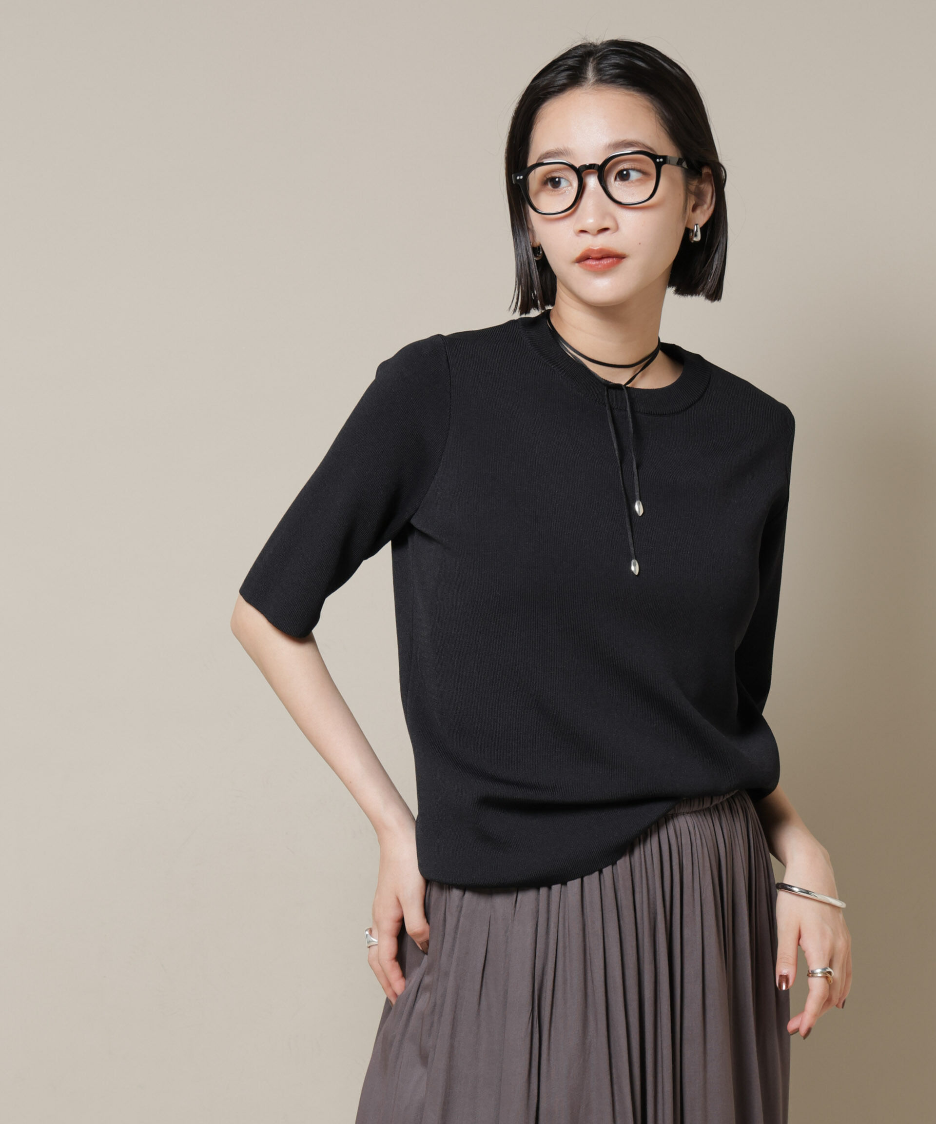 nano･universe「洗濯機洗い可UVカット接触冷感半袖ニット」|ニット・セーター|ブラック