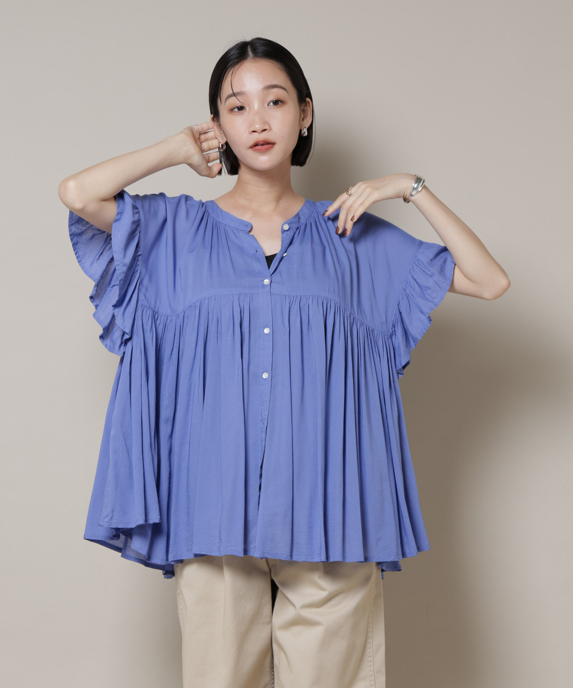 nano･universe「made in INDIA フリルスリーブギャザーブラウス(セットアップ可)」|シャツ・ブラウス|ブルー